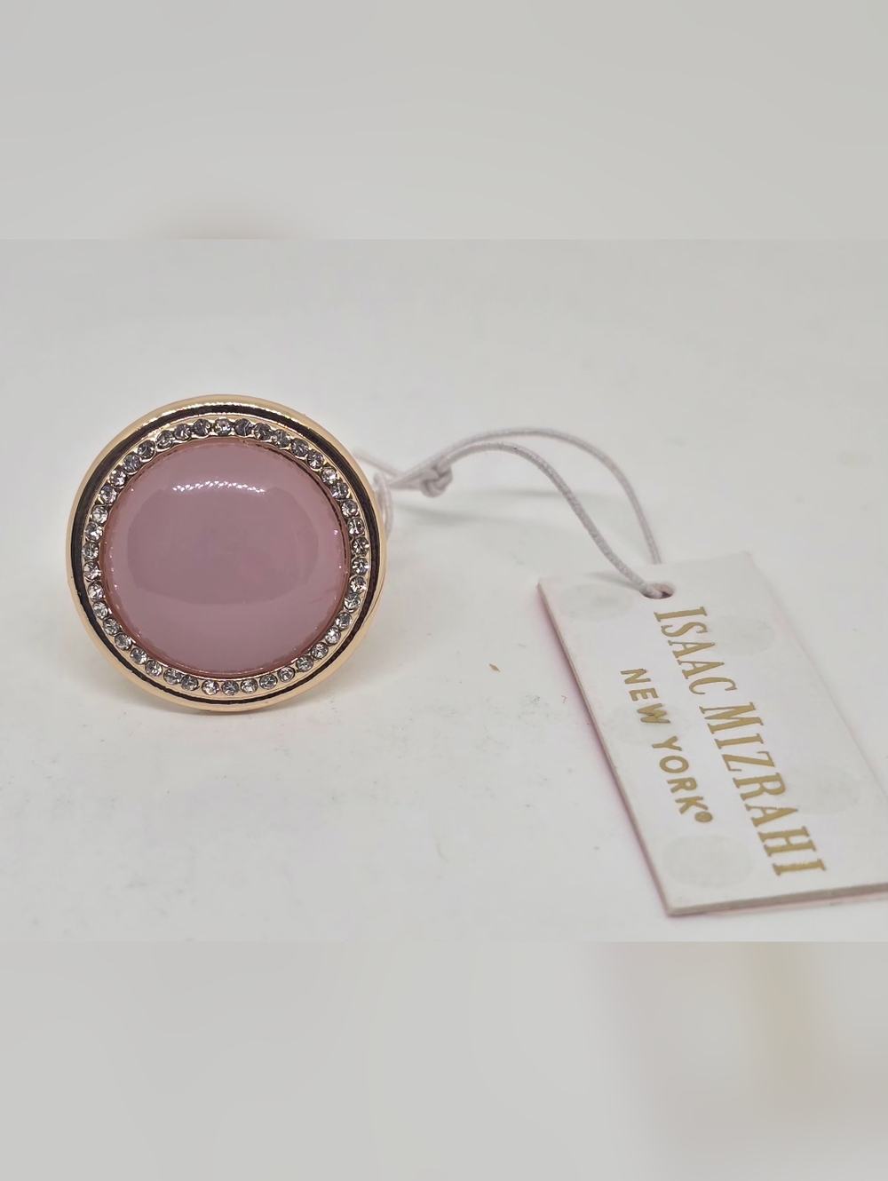 Isaac Mizrahi Gold-Tone Ring with Blush Pink Cabochon and Crystal Halo